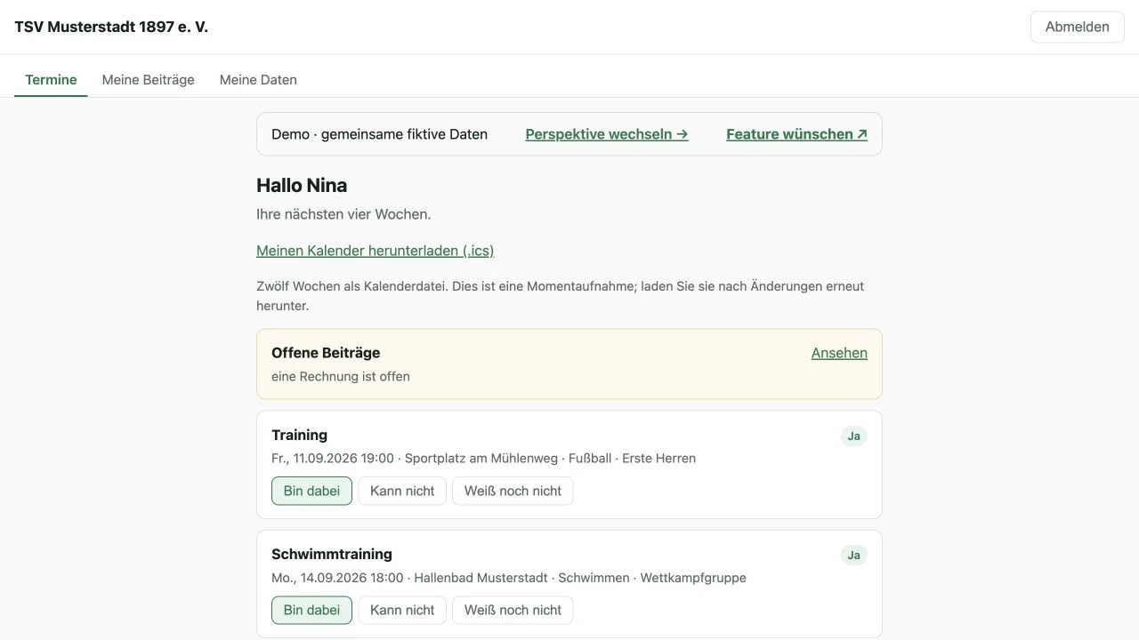 Club Base Cloud: echtes persönliches Portal mit fiktiven Demodaten